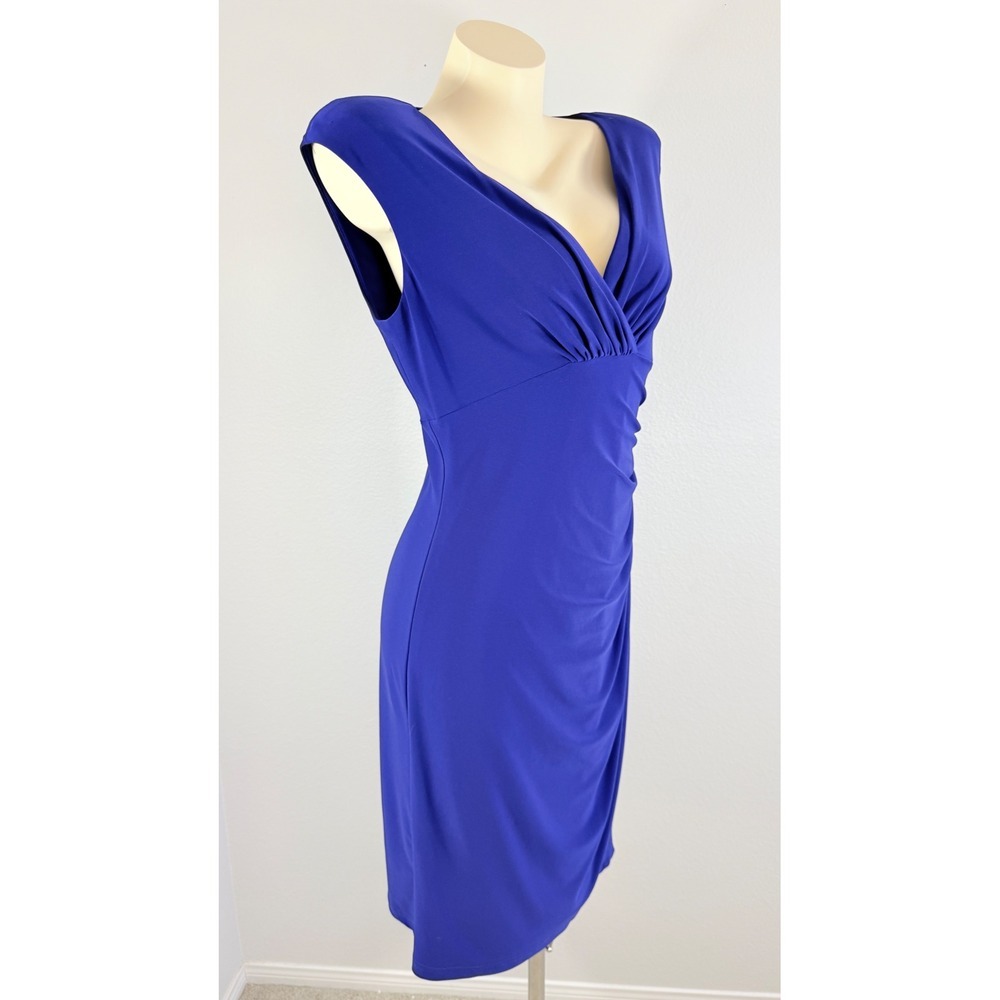 Lauren Ralph Lauren Royal Blue Cocktail Ruched V-Neck Sheath Dress Size 12 - Picture 4 of 10